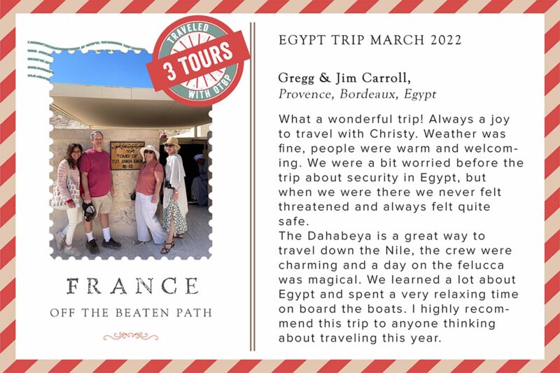 Jim & Gregg Carroll boarding our Dahabeya with Christy Destremau during our Egypt Tour.