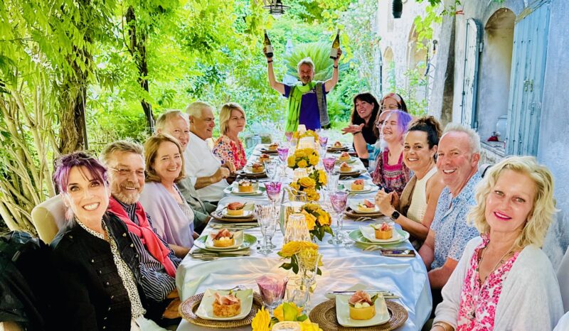 2024 lavender season tour guests enjoying private dinner at home during France Off the Beaten Path Provence Tour with Christy Destremau