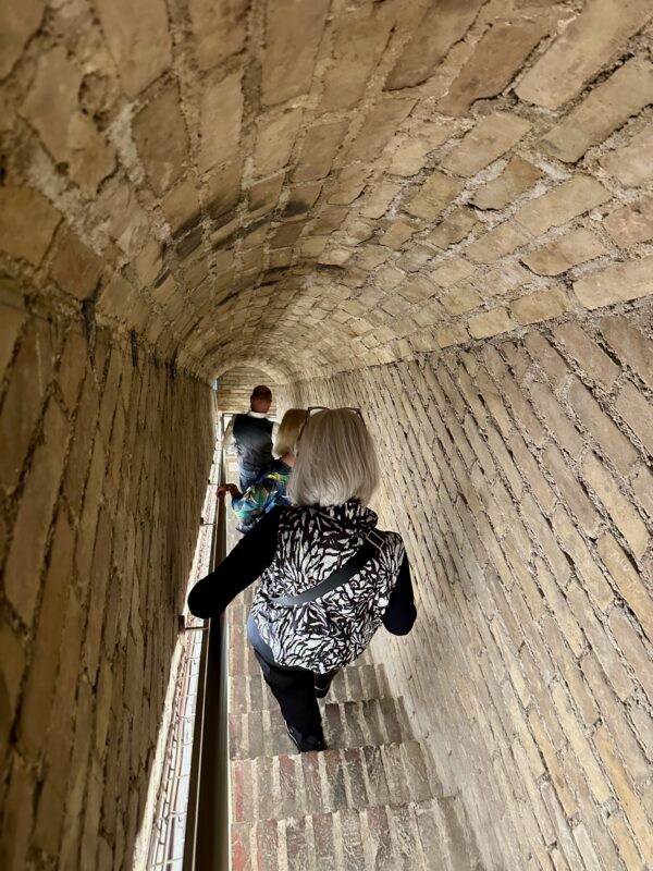 Champagne tour guests going down into the chalky cellars of Gosset Champagne house.